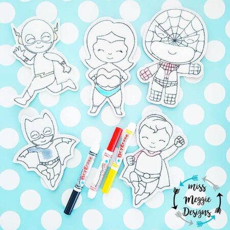 Super Guys Coloring Dolls Set Redwork ITH Embroidery design