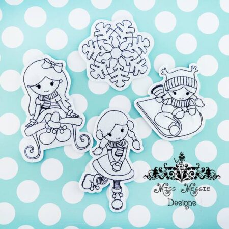 Winter Fun Girls set coloring dolls ITH Embroidery design file