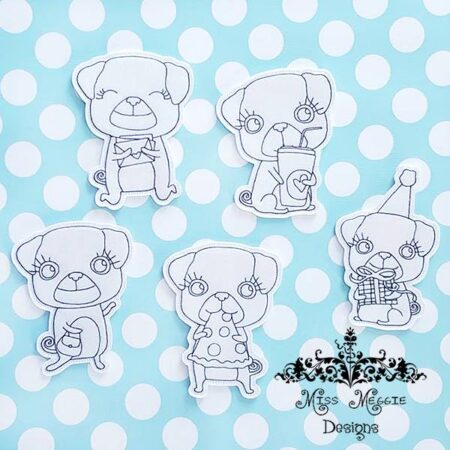 Cute Pug Doggies set coloring dolls ITH Embroidery design