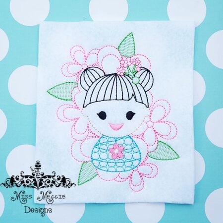 China Japan Doll Cherry Blossom Redwork ITH Embroidery Design