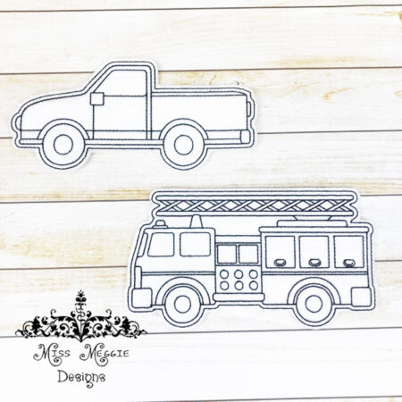 Coloring doll Flat pickup, fire truck ITH Embroidery design file