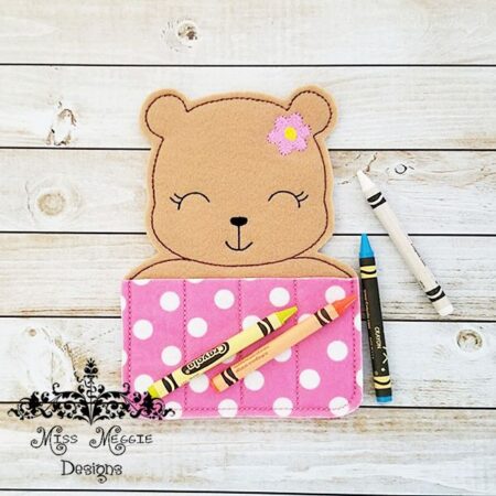 Girl Bear flower crayon holder coloring ITH Embroidery design