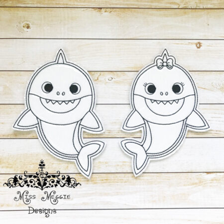 Coloring flat doll Baby sharks set ITH Embroidery design file