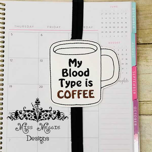 Coffee Mug blood type bookmark ITH Embroidery design file