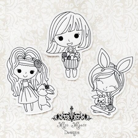 Spring Girls Bunny set coloring dolls ITH Embroidery design file