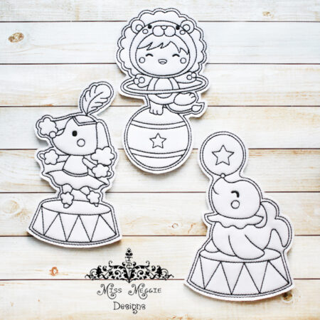 Coloring flat dolls Circus poodle, lion man, seal add on set 1 ITH Embroidery designs