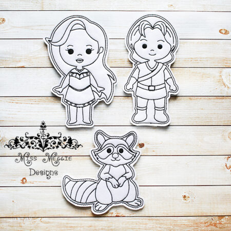 Coloring flat dolls Pocahontas, Captain John, Raccoon set ITH Embroidery designs