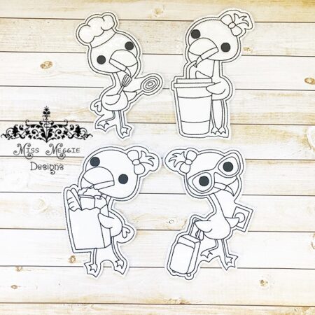 Coloring flat dolls Flamingo cooking shopping travel set ITH Embroidery designs