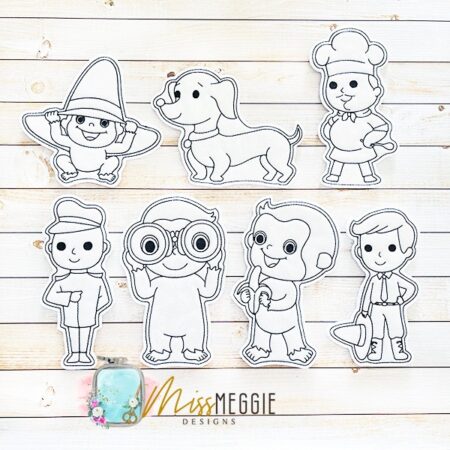 flat coloring dolls curious monkey set ith digital embroidery designs