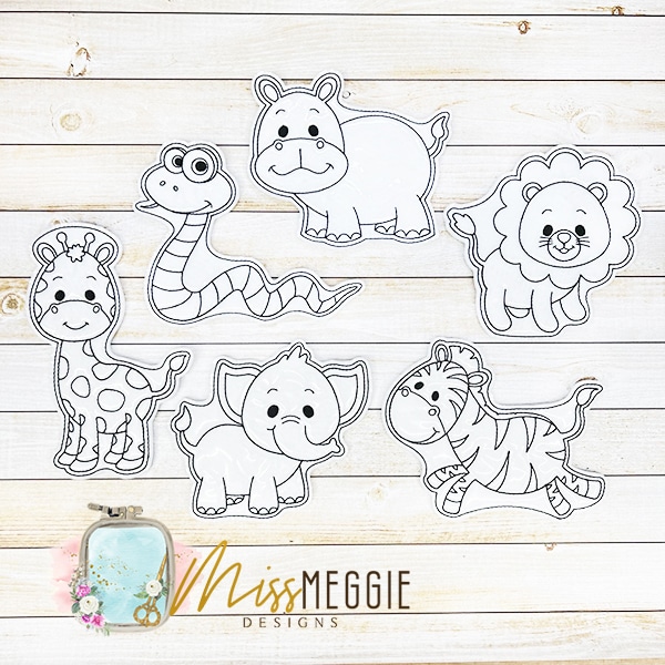 flat coloring dolls jungle animals set ith digital embroidery designs