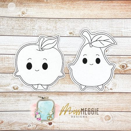 flat coloring dolls fruit cuwith arms and legs, apple, pear ith digital embroidery designs
