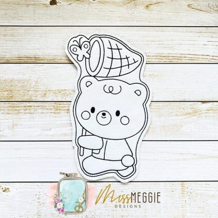 flat coloring dolls bear catching butterflies ith digital embroidery designs