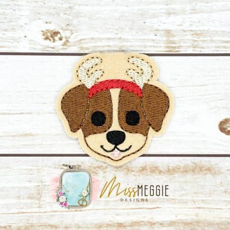 dog wearing antlers, reindeer christmas lights feltie ith embroidery design file