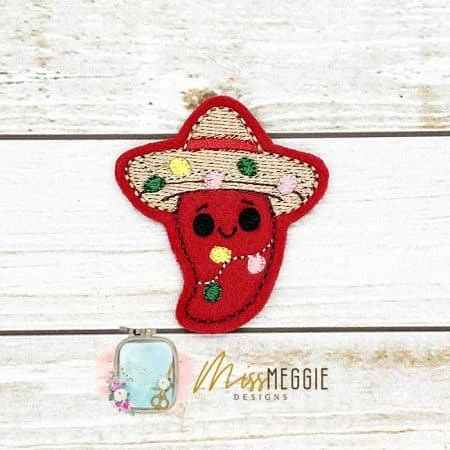 chili pepper wrapped in christmas lights, sombrero feltie ith embroidery design file