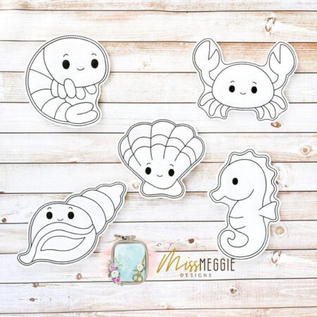 flat coloring doll sea friends ocean, crab seashell shrimp ith digital embroidery designs