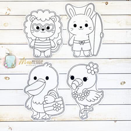 flat coloring doll summertime animal beach set ith digital embroidery designs